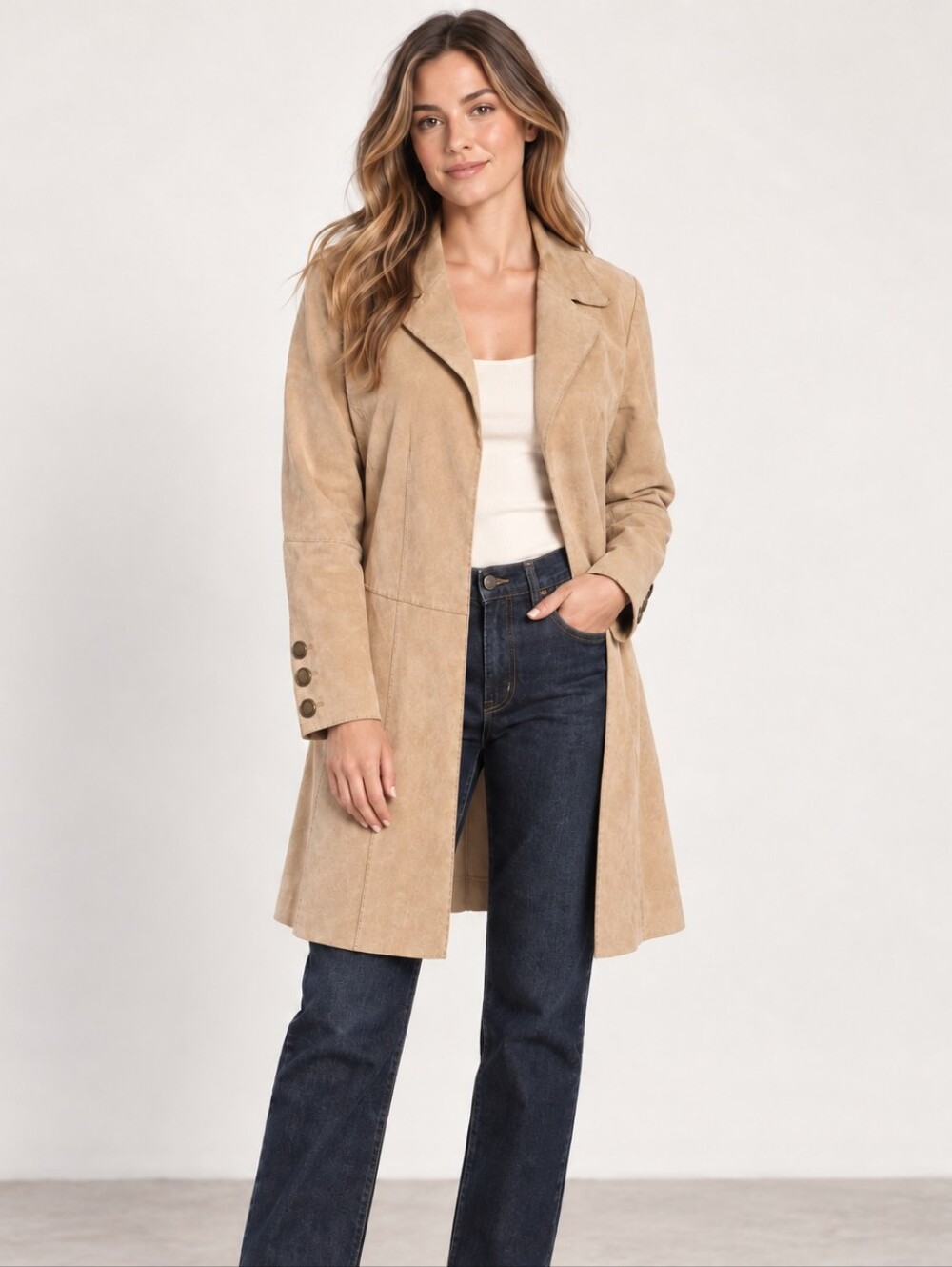 Vintage Coldwater Creek Tan Genuine Suede Leather Longline Jacket PL